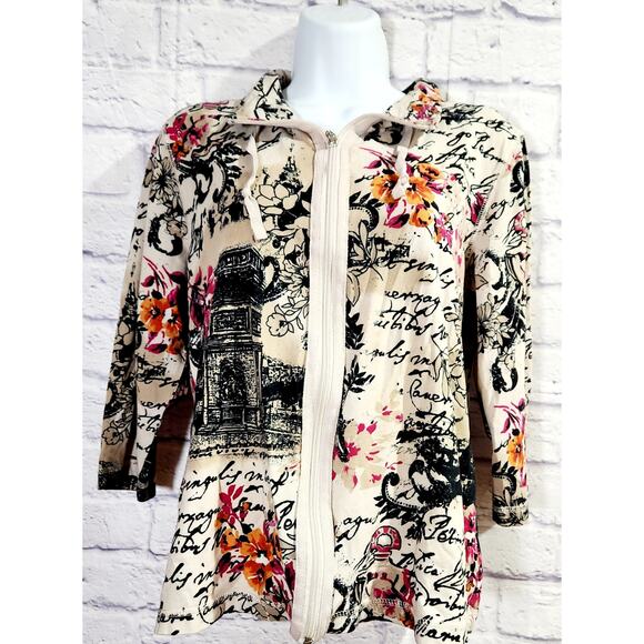 Onque Casuals Tan Multicolor Floral Paris Print Full Zip Cardigan Large - Picture 1 of 5